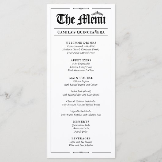 Custom Quinceañera Menu, Black White Interactive Menu (Voorkant)