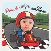 Custom Race Car Driver Kinder Gezicht 1e Verjaarda Vierkante Sticker (Voorkant)
