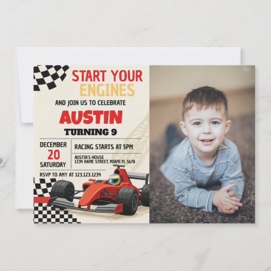 Custom Racing Party Uitnodigen voor Kinderen met f Kaart (Voorkant)
