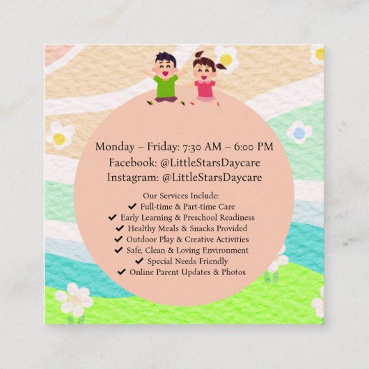 Custom Rainbow Handprint Sun Daycare Card Template Vierkante Visitekaartje (Achterkant)