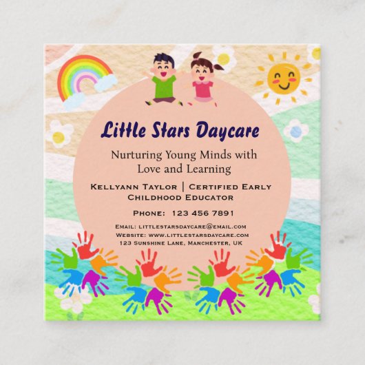 Custom Rainbow Handprint Sun Daycare Card Template Vierkante Visitekaartje (Voorkant)