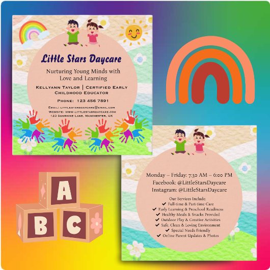 Custom Rainbow Handprint Sun Daycare Card Template Vierkante Visitekaartje