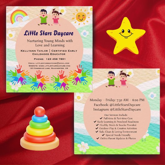 Custom Rainbow Handprint Sun Daycare Card Template Vierkante Visitekaartje