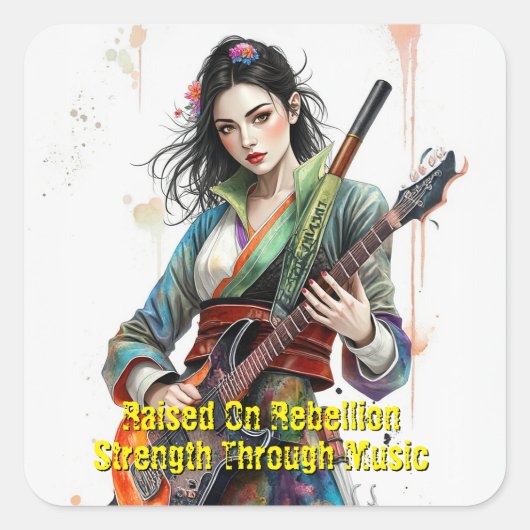 Custom Rainbow Warrior Girl Gitarist Art Geïnspire Vierkante Sticker (Voorkant)