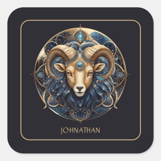 Custom Ram Zodiac Symbol Cosmic Black Gold Aries Vierkante Sticker (Voorkant)