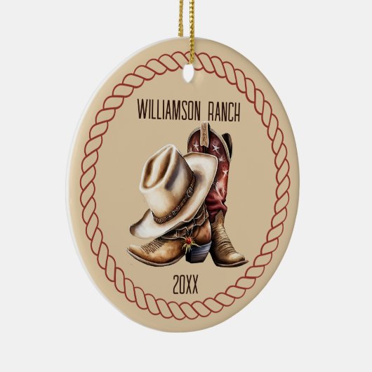 Custom Ranch Cowboy laarzen en Pet met touw Keramisch Ornament (Rechts)