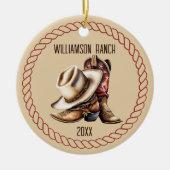 Custom Ranch Cowboy laarzen en Pet met touw Keramisch Ornament (Voorkant)