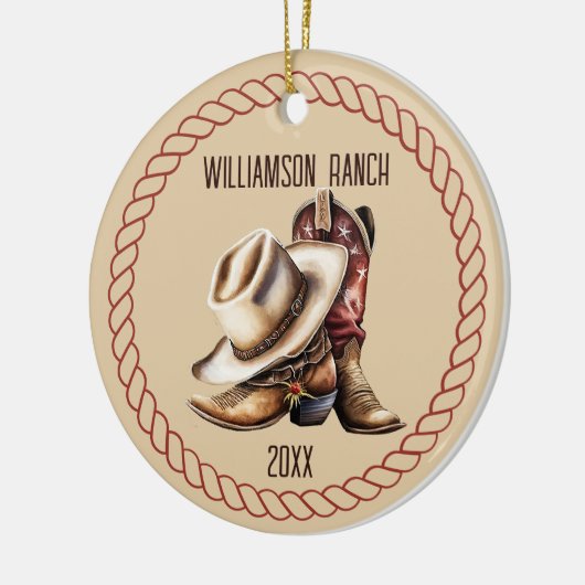 Custom Ranch Cowboy laarzen en Pet met touw Keramisch Ornament (Links)