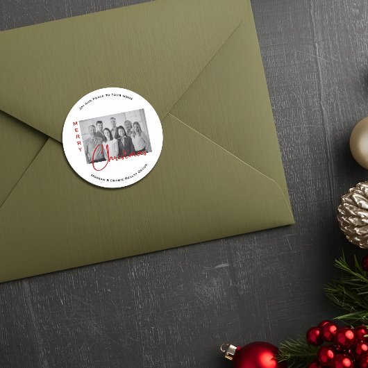 Custom Real Estate Christmas Greeting Chic Photo Ronde Sticker