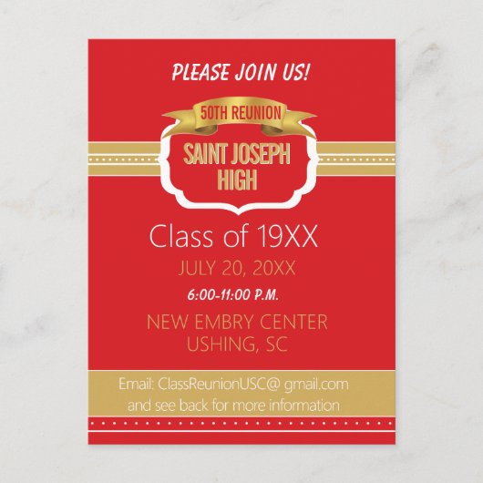 Custom Red 50th Class Reunion Invite Briefkaart (Voorkant)