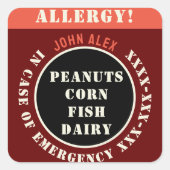 Custom Red Allergy Alert Restaurant Emergency Vierkante Sticker (Voorkant)