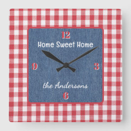 Custom, Red and White Check, Blue Denim Print Vierkante Klok