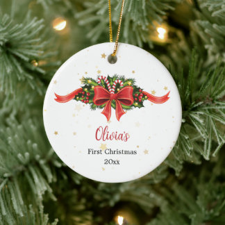 Custom Red Bow First Christmas Ornament