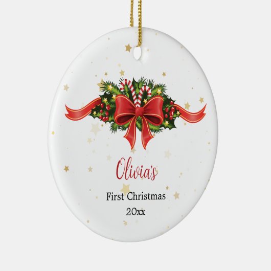 Custom Red Bow First Christmas Ornament (Rechts)