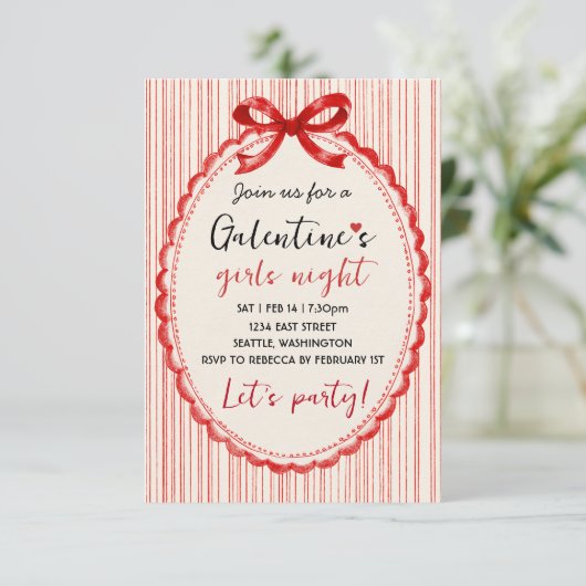 Custom Red Bow Galentines Party Invitation RSVP Kaartje (Staand voorkant)