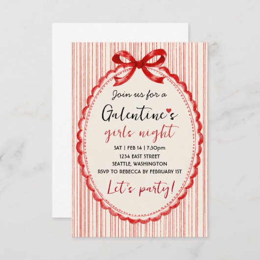 Custom Red Bow Galentines Party Invitation RSVP Kaartje (Voorkant / Achterkant)