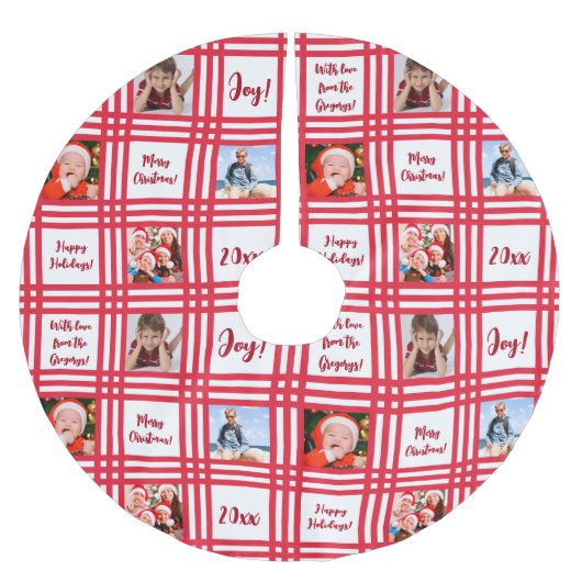 Custom Red Candy Cane Plaid Familie Fotocollage Kerstboom Rok (Voorkant)