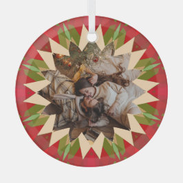 Custom Red Green Christmas Star Photo Gift Tree Glas Ornament