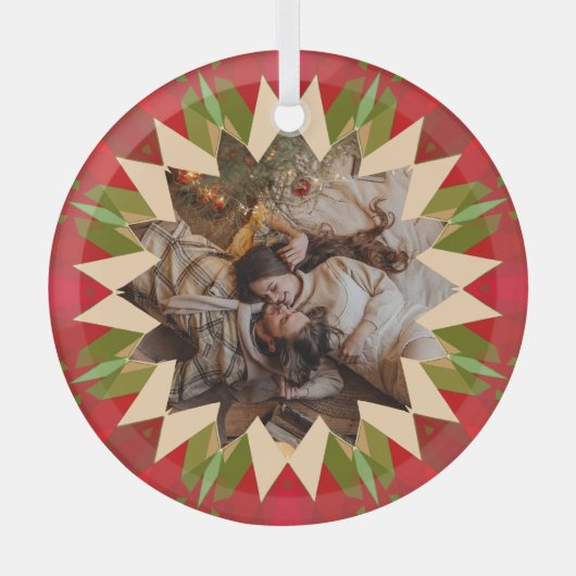 Custom Red Green Christmas Star Photo Gift Tree Glas Ornament (Voorkant)