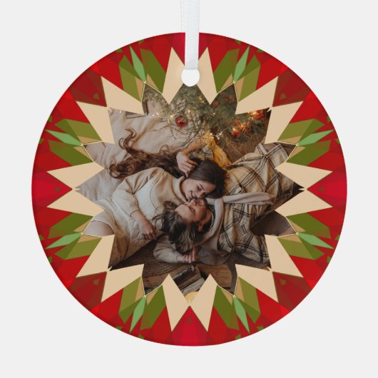 Custom Red Green Christmas Star Photo Gift Tree Glas Ornament (Achterkant)