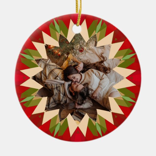 Custom Red Green Christmas Star Photo Gift Tree Keramisch Ornament (Voorkant)
