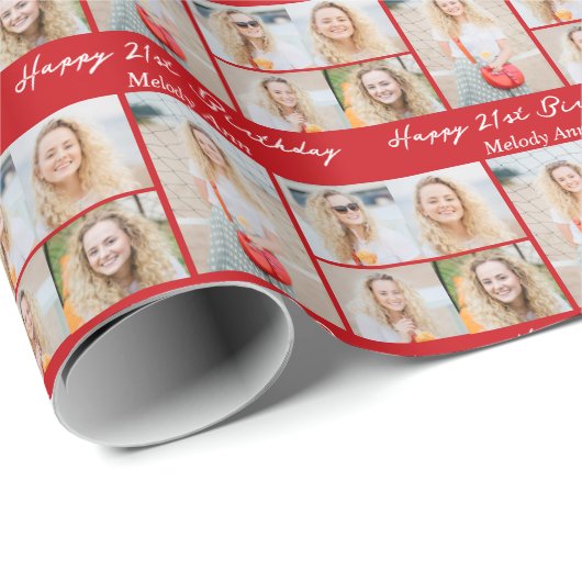 Custom Red Happy Birthday Photo Collage Cadeaupapier (Rol Hoek)