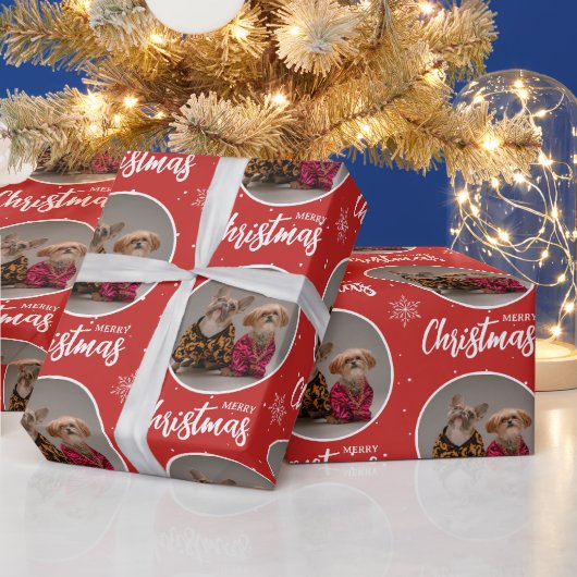Custom Red Merry Christmas One Circle Photo Cadeaupapier (Feestdagen)