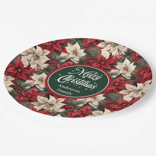 Custom Red Poinsettia Chic Christmas Paper Plates  Papieren Bordje (Gekanteld)