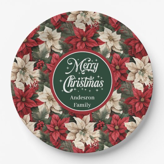 Custom Red Poinsettia Chic Christmas Paper Plates  Papieren Bordje (Voorkant)