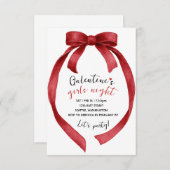 Custom Red Ribbon Bow Galentines Party Invitation RSVP Kaartje (Voorkant / Achterkant)