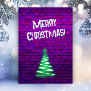 Custom Retro 80s Neon Roze Muur Kerstboom Feestdagenkaart