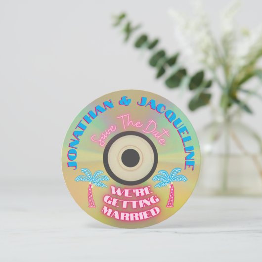 Custom Retro 80s Tropical Neon CD Save The Date Kaart (Staand voorkant)