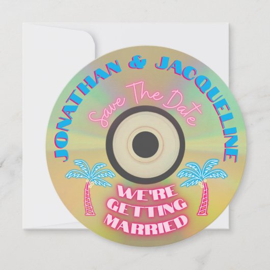 Custom Retro 80s Tropical Neon CD Save The Date Kaart (Voorkant)