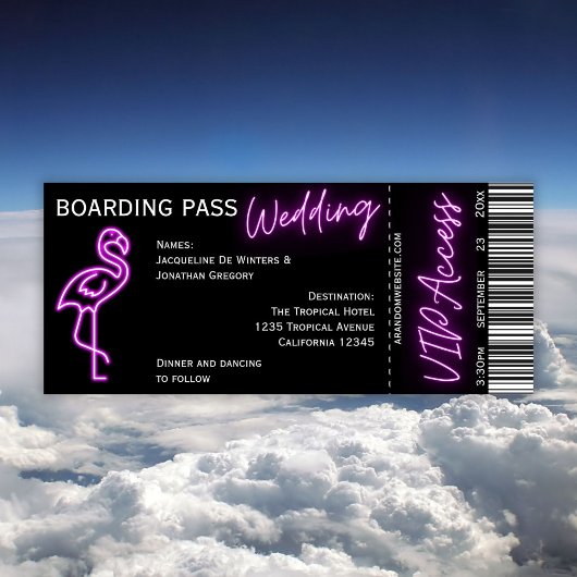Custom Retro Boarding Pass Neon Flamingo Bruiloft Kaart