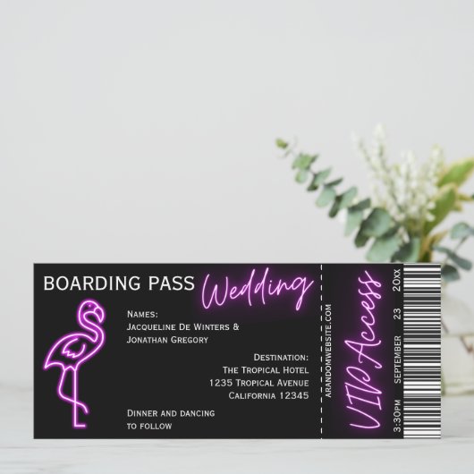 Custom Retro Boarding Pass Neon Flamingo Bruiloft Kaart (Staand voorkant)