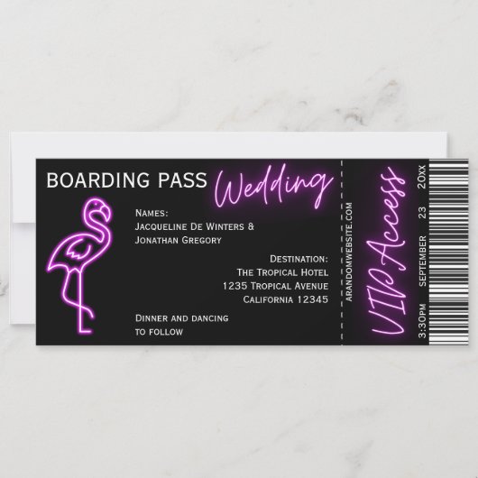 Custom Retro Boarding Pass Neon Flamingo Bruiloft Kaart (Voorkant)