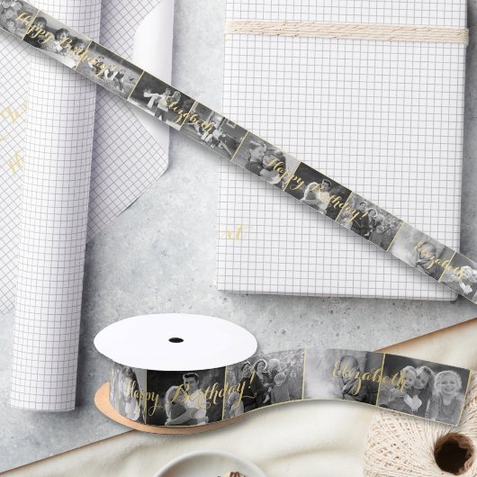Custom Retro Cool Trendy Birthday Photo Gift Wrap Satijnen Lint