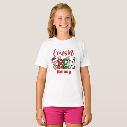 Custom Retro Cousin Crew Kerst Doodle T-shirt (Voorkant volledig)