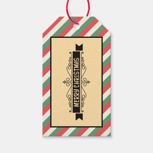 Custom Retro Gestreept "Vrolijk Kerstfeest" Vakant Cadeaulabel (Voorkant)