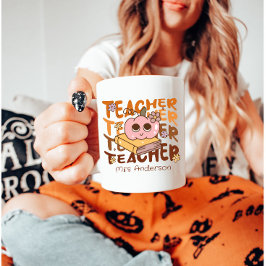 Custom Retro Herfst Teacher – Halloween Pompoen Koffiemok