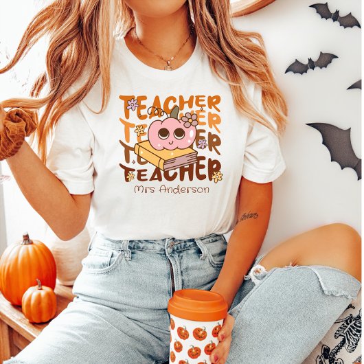 Custom Retro Herfst Teacher – Halloween Pompoen T-shirt