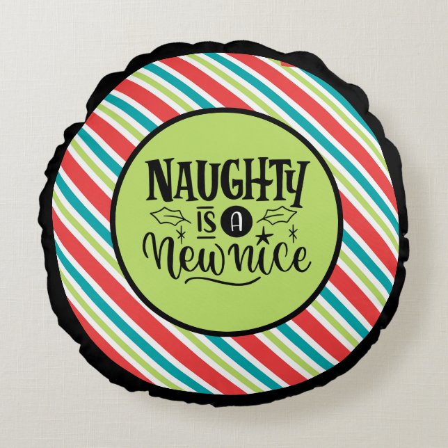 Custom Retro Kerstmis "Naughty is een nieuwe Nice" Rond Kussen (Voorkant)