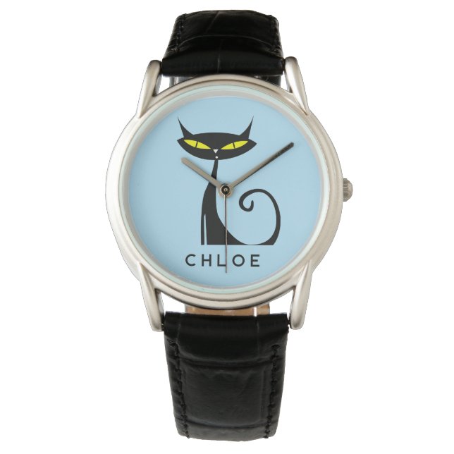 Custom Retro Mid Century Modern Atomic Black Cat Horloge (Voorkant)