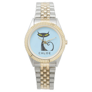 Custom Retro Mid Century Modern Atomic Black Cat Horloge