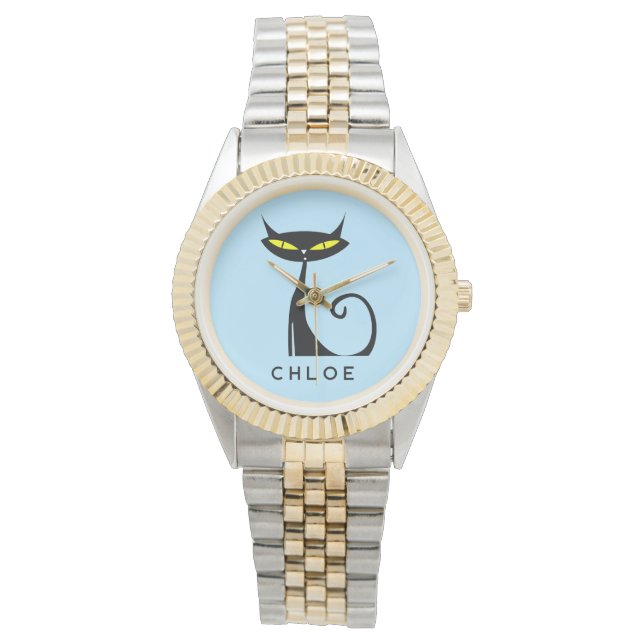 Custom Retro Mid Century Modern Atomic Black Cat Horloge (Voorkant)
