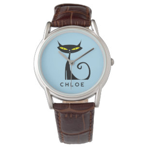 Custom Retro Mid Century Modern Atomic Black Cat Horloge
