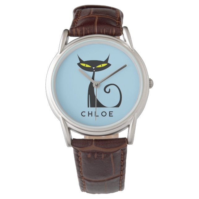 Custom Retro Mid Century Modern Atomic Black Cat Horloge (Voorkant)