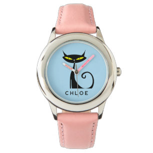 Custom Retro Mid Century Modern Atomic Black Cat Horloge