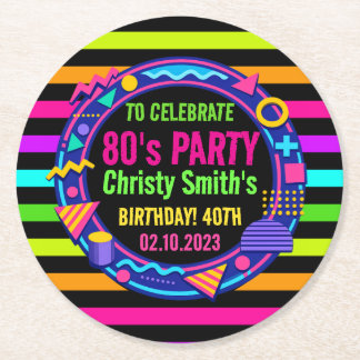 Custom Retro Neon 80’s Birthday Party Ronde Kartonnen Onderzetter
