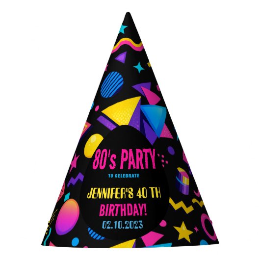 Custom Retro Neon 80's Birthday Party Feesthoedjes (Voorkant)